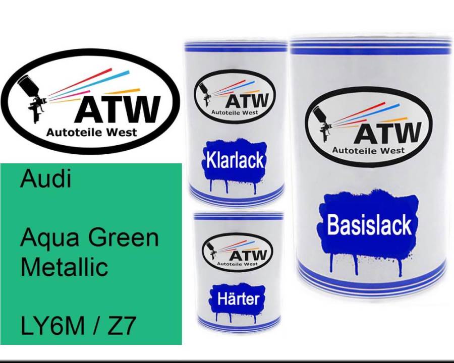 Audi, Aqua Green Metallic, LY6M / Z7: 500ml Lackdose + 500ml Klarlack + 250ml Härter - Set, von ATW Autoteile West.